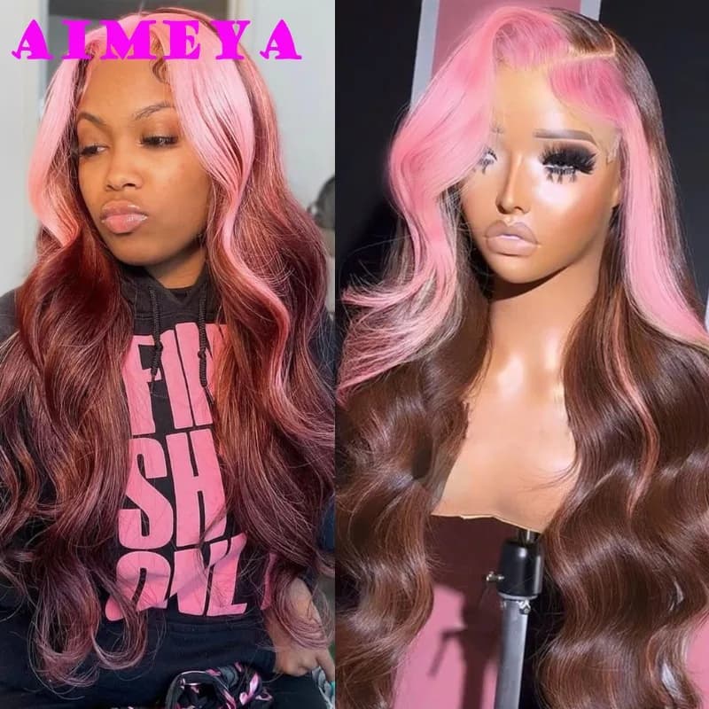 AIMEYA Pink Highlights Wig Brown Long Body Wave Lace Front Wig Synthetic Lace Hair Natural Hairline Daily Use Cosplay Wigs