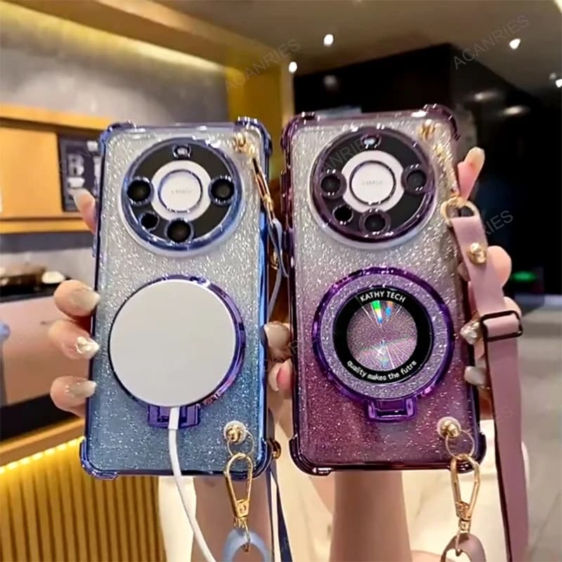 For Huawei Mate 60 Pro 5G Pura 70 Ultra 50 40 P 30 Crossbody Lanyard Four Corner Anti-shock Plating Case P30 P60 P40 Stand Cover