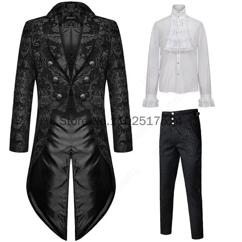 Medieval Steampunk Gothic Tailcoat Jacket Renaissance Gold Black Jacquard Fabric Damask Wedding Blazer Coat Halloween Costumes