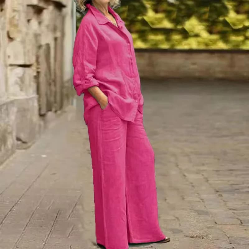 Women Linen Casual Shirt 2 Pieces Set Fashion Lapel Long Sleeve Button Blouse And Trousers Outfits Loose Wide Leg Pants Suits