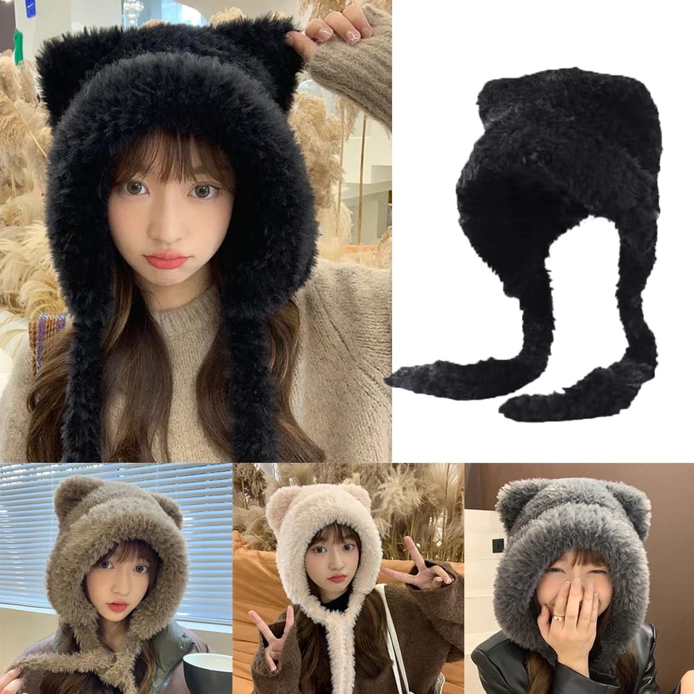 Women Winter Warm Kawaii Fox Fur Imitation Mink Plush Hat Thickened Cute Bear Ear Hat Ear Protection Cosplay Cap