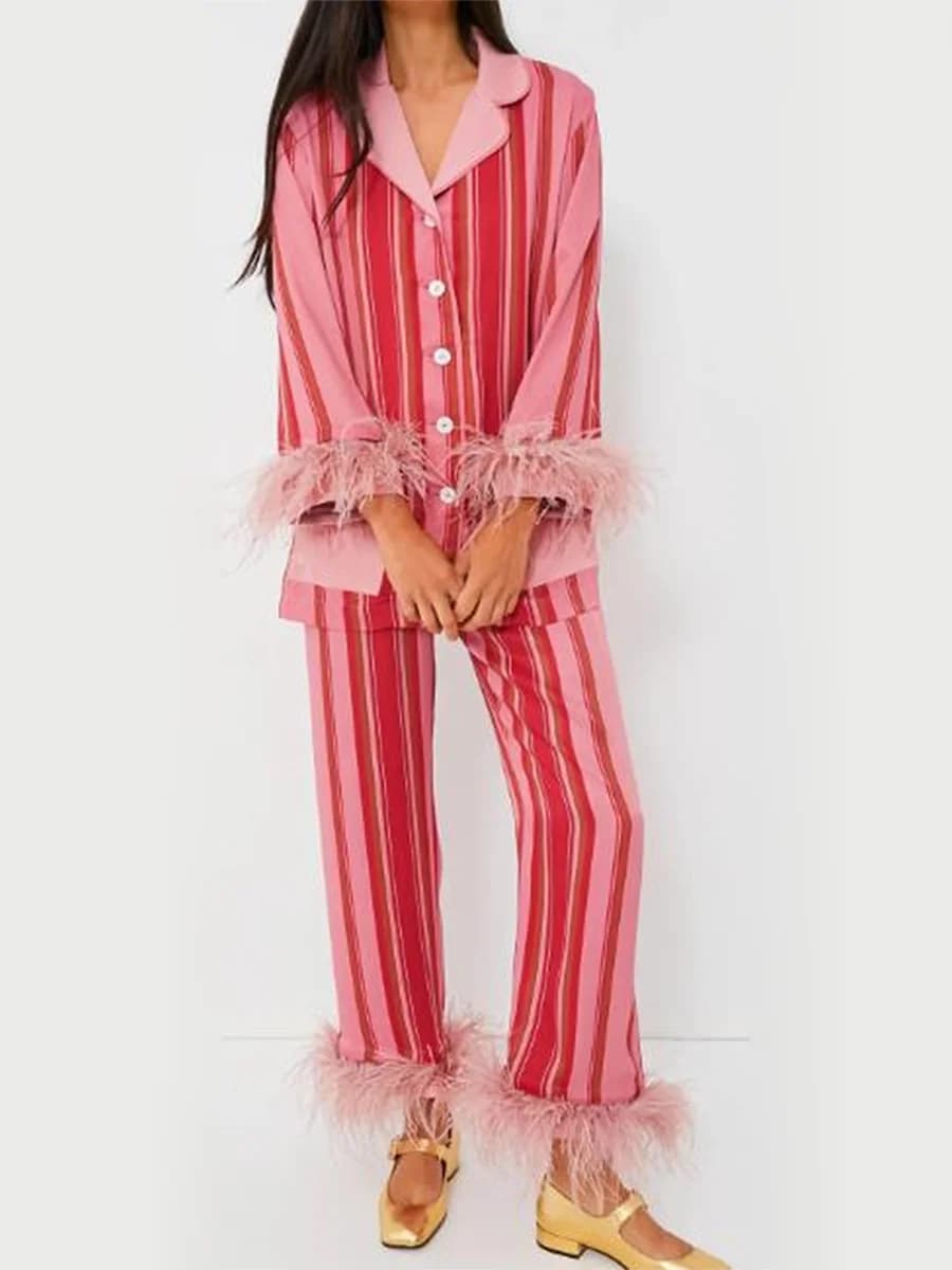 Y2K Stripes 2 Piece Pajama Set with Feathers Women Long Sleeves Shirt and Elastic Pants for Loungewear Sleepwear for Nightwear