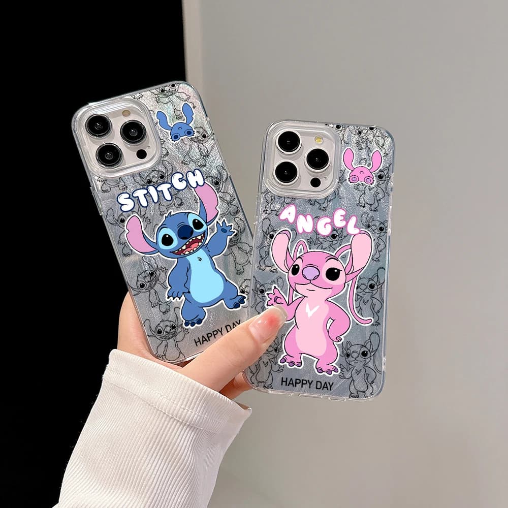 Cute Stitch Angel Phone Case for Samsung Galaxy A73 A72 A55 A54 A53 A52 A34 A33 A32 A23 A14 A13 4G 5G Feather Texture Hard Cover