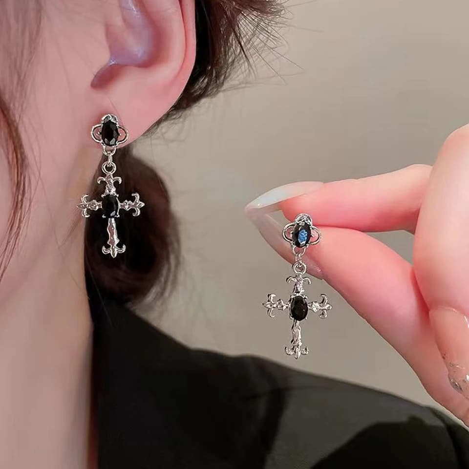 Yupsk Punk Fashion Black Crystal Stone Cross Drill Drop Earring for Women Girls Halloween Jewellery Statement Jewelry Gift