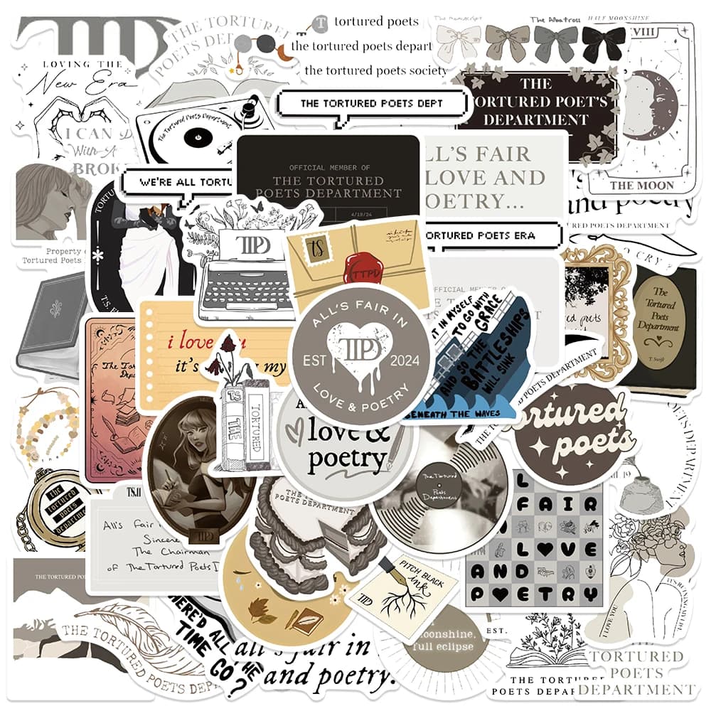 50PCS Hot POP Singer Album TTPD The Tortured Poets Depertment Stickers Decals DIY Laptop Guitar Notebook PVC Sticker Kids Toys