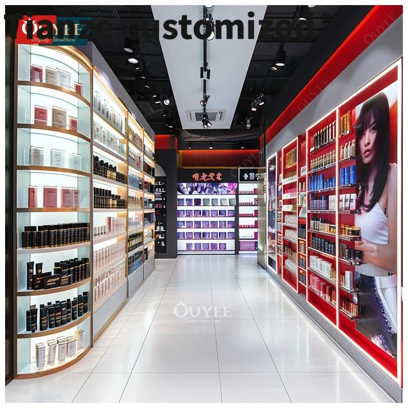 Customized-Custom Wig Shop Design Perfume Glass Shelves Beauty Hair Store Furniture Golden Paint Cosmetics Display Shop Shelves