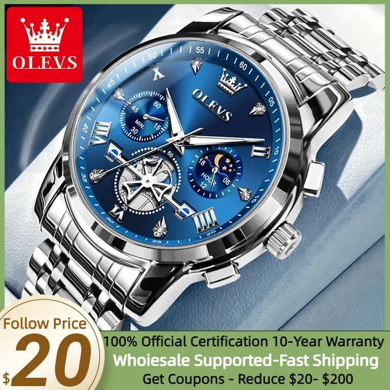 OLEVS NEW Men's Quartz Watches Skeleton Flywheel Design Chronograph Classic Fashion Wrist watch for Men Moon phase Waterproof