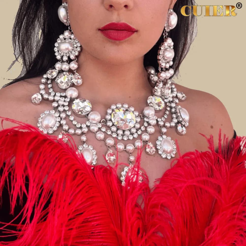 CUIER Pretty Rhinstone Pearl Necklace Earring Jewelr Set for Women Wedding Night Club TV Show Exaggerated For Drag Queen