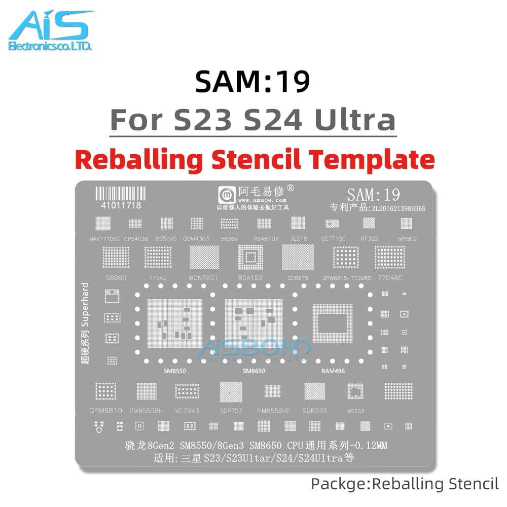 SAM19 Middle Layer Reballing Stencil Template For Samsung S23 S24 Ultra S23Ultra S24Ultra CPU 8550VS 58080 WCN7851 P9481UK MPB02