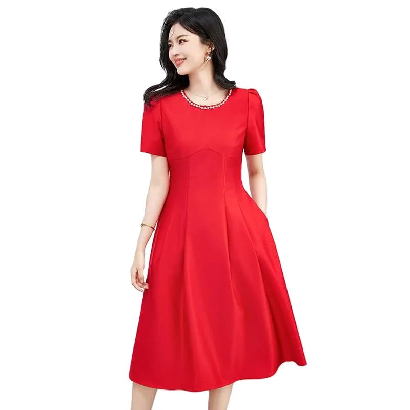 2024 Summer Clothes Short Sleeve Formal Occasion Dress Elegant Beading O Neck Midi Party Dresses for Women Vestidos Black