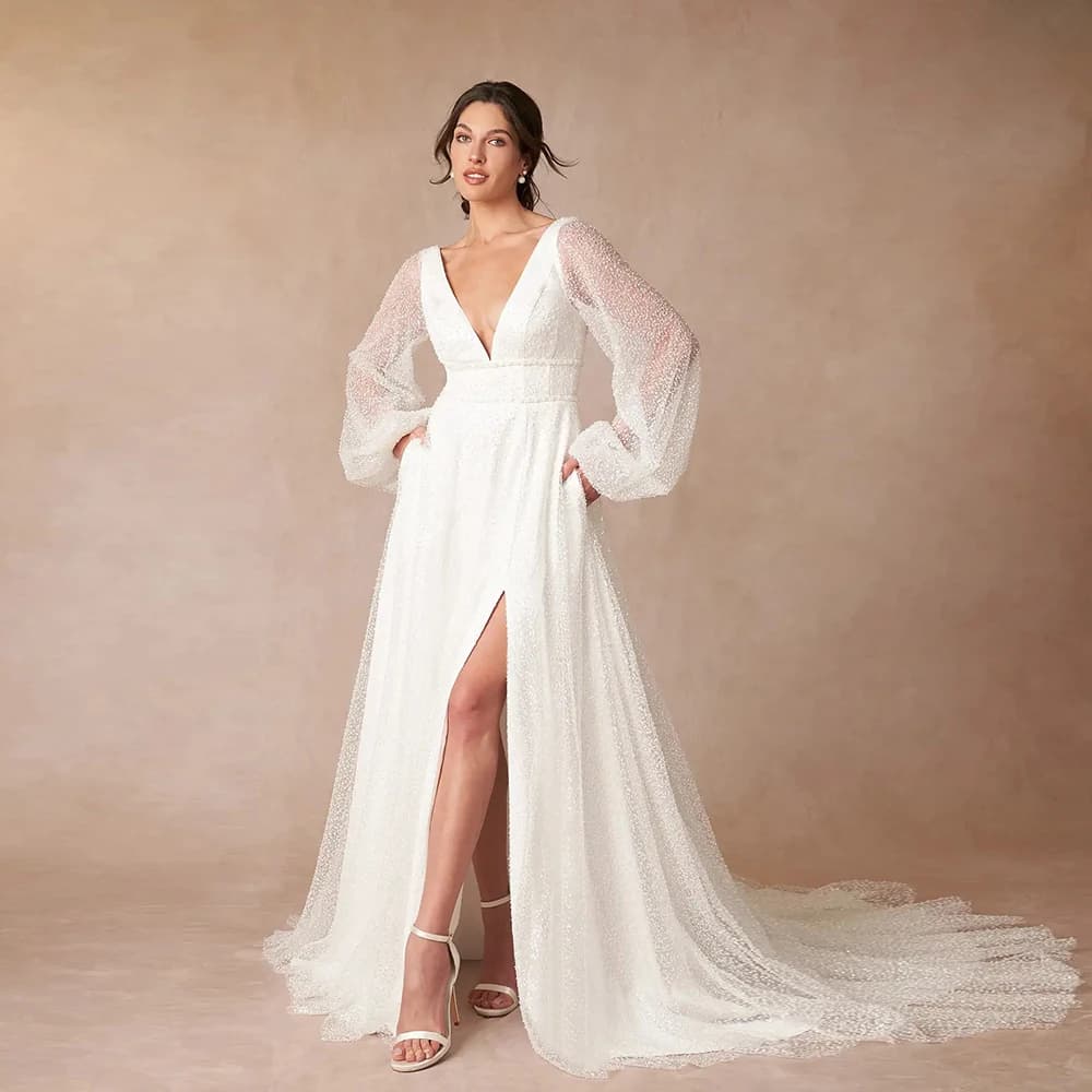 Strapless Full Sleeve Wedding Dresses with Sequined 2024 Side Slit Bridal Gowns Sweep Train Vestido De Novia New Zipper Back