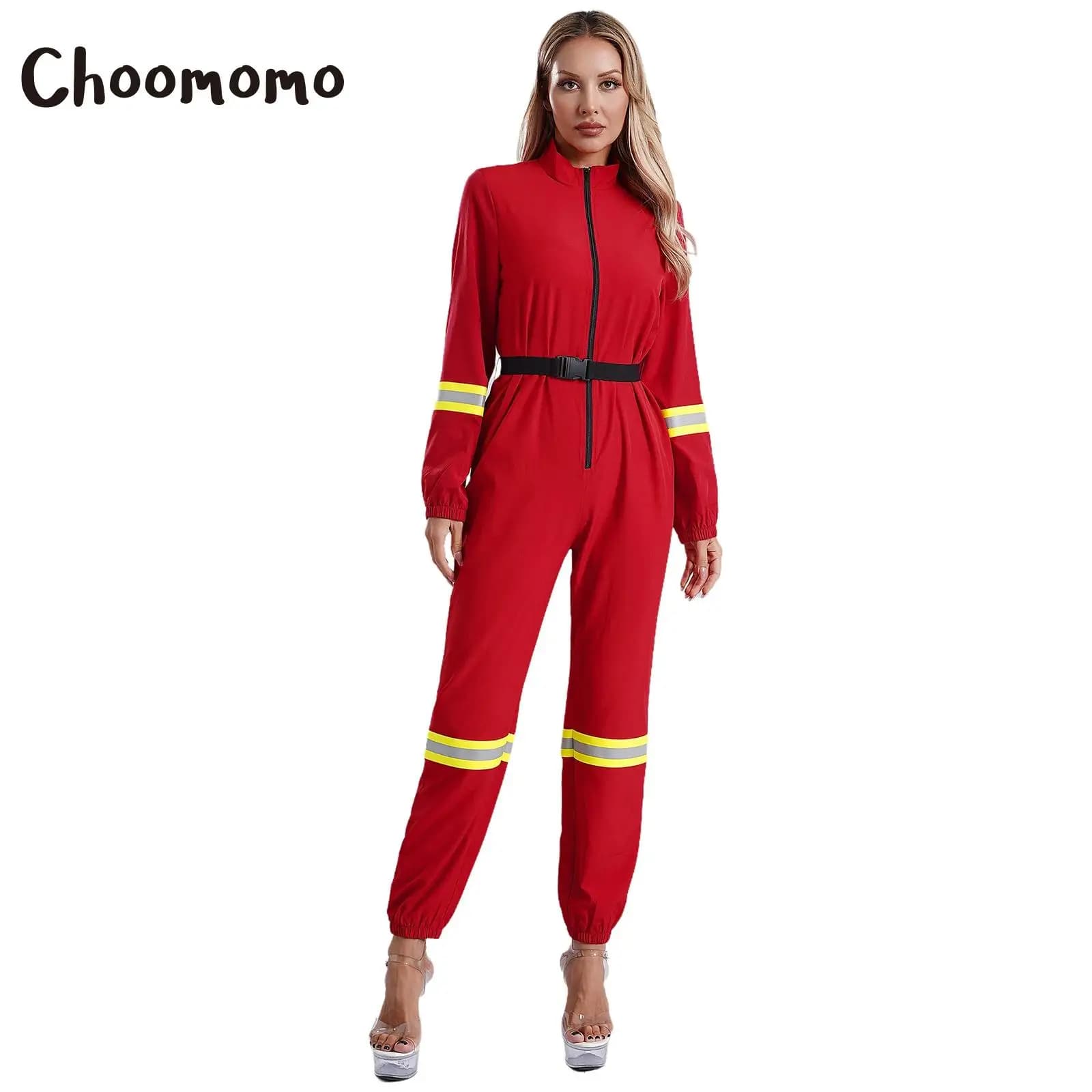 Womens Firefighter Costume Fireman Long Sleeve Front Zipper Jumpsuit Romper Coveralls for Halloween Party Role Play Dress Up