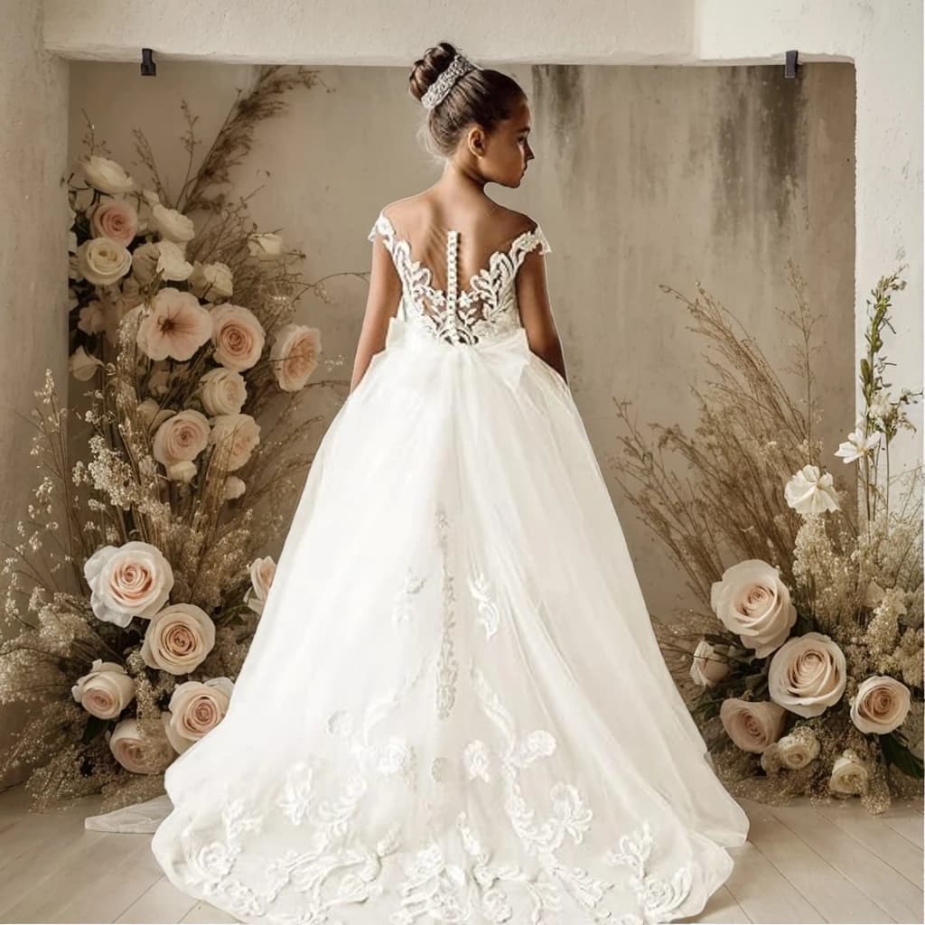 MisShow Flower Girl Dresses Princess For Wedding Party Bow Tie Back Girls Lace Dress For Kids 3-9 Years Ball Gown