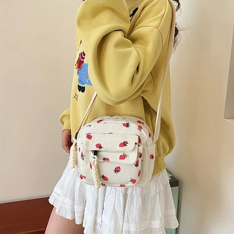 A Lovely Grassy Shoulder Bag, Strawberry Pattern, Multi-pocket Phone Bag, Casual Crossbody Bag, Women's Makeup Bag, Student Bag.