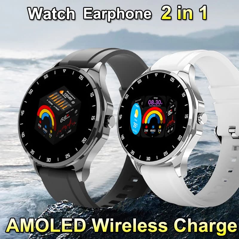NAMOFOTO New Smartwatch Earphones 2 in 1 Men 1.43'' Wireless Charge Wrist Clock BT Call Smart Watches Sports Fitness Wristwatch