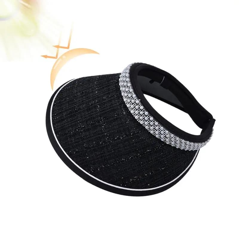 Wide Brim Sunscreen Hat Empty Top Summer Sun Visor Hat Pearl Design Black Rubber Summer Sunshade Visor Hair Band Style For Beach