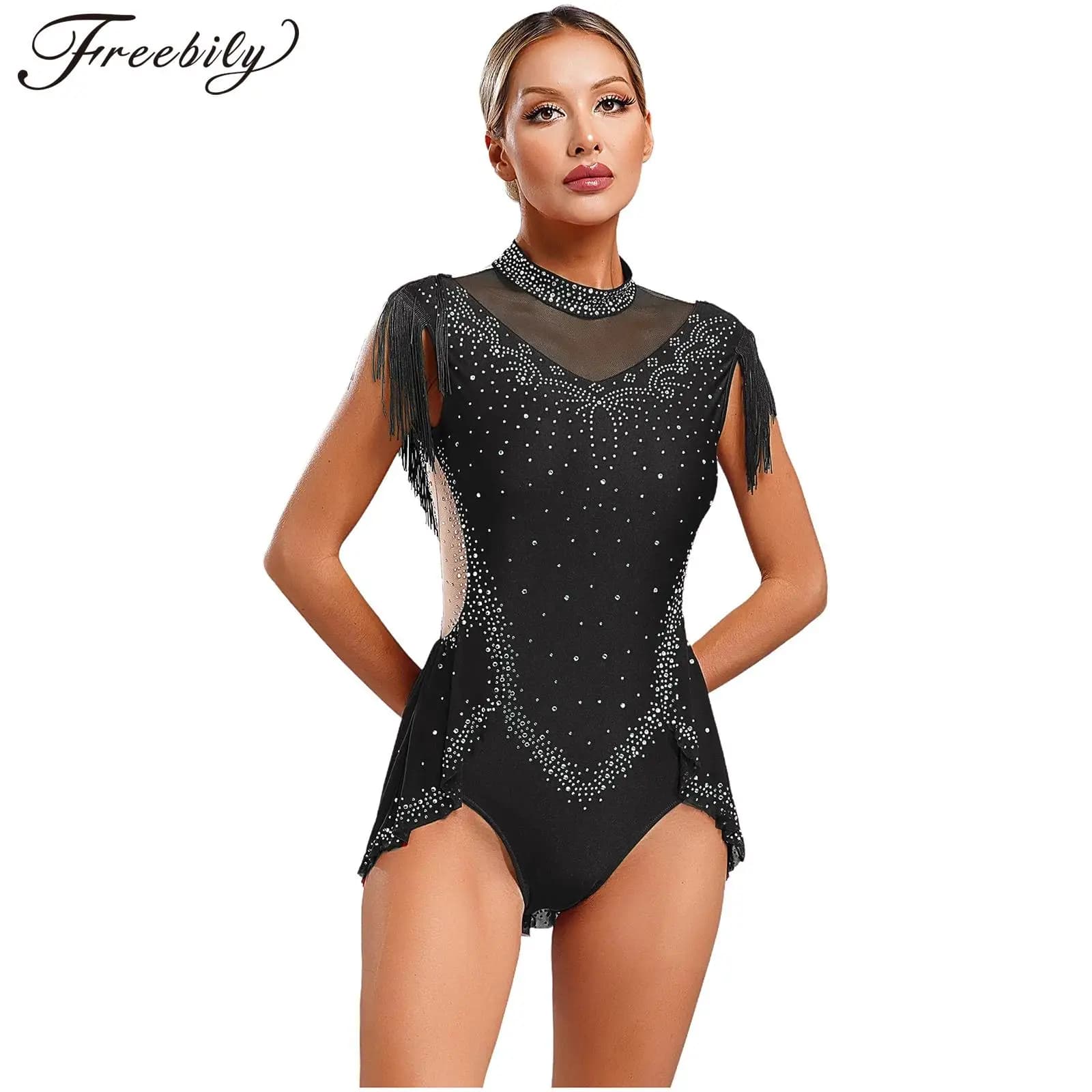Women Figure Skating Leotard Lyrical Latin Dance Ballet Gymnastics Bodysuit Sleeveless Rhinestones Mesh Tassel Skirted Jumpsuit