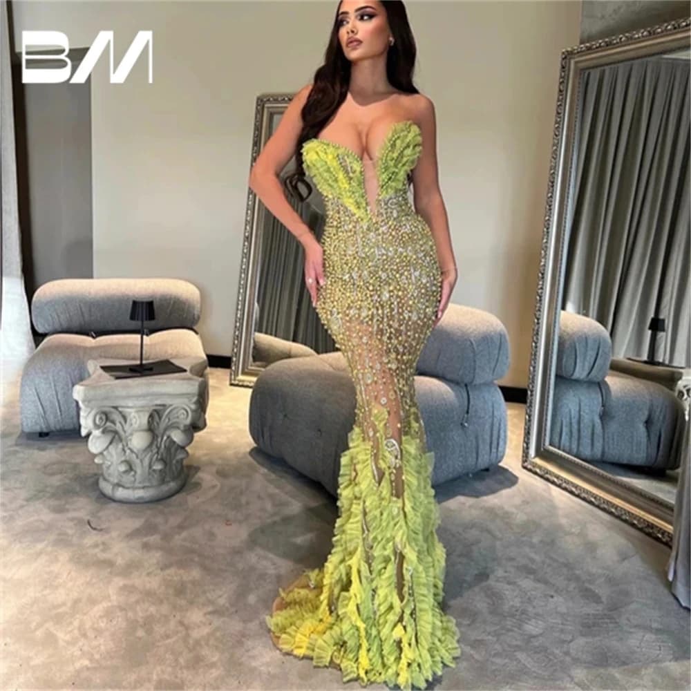 Green Beaded Tulle Evening Dress 2025 Sexy Deep V-neck Hand-sewn Pearls Prom Dress Customized Mermaid Party Gown Robe De Soriee