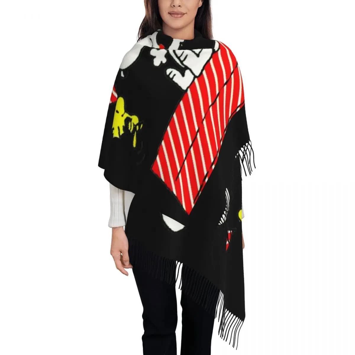 Customized Luxury Cartoon Snoopys Red Stripe Tassel Scarf Women Winter Warm Shawls Wraps Ladies Movie Scarves