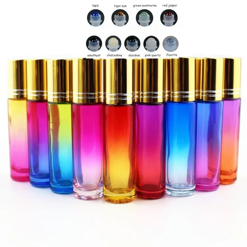 10/50pcs Glass Essential Oil Bottle with Natural Gemstone Roller Ball Empty Refillable Roll On Perfume Bottles Liquid
