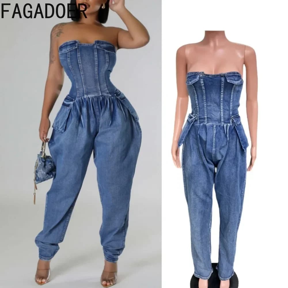 FAGADOER Tube Sexy Denim Jumpsuits Women Fashion Backless Ruched Patchwork One Piece Rompers Hot Girl Streetwear Overalls Winter