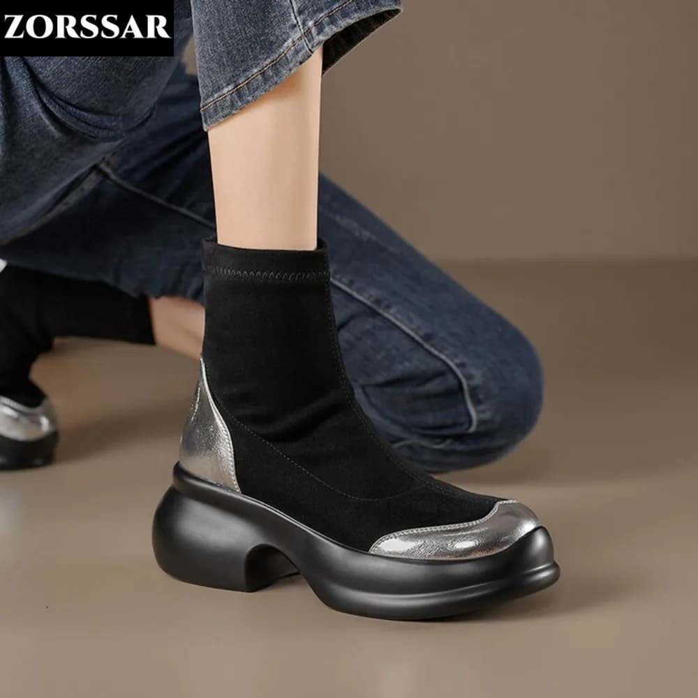 INS Suede Round Toe Thick Soled Wedges Ankle Boots Stretch Women Warm Shoes Winter Slip On Platform High Heels Short Boots