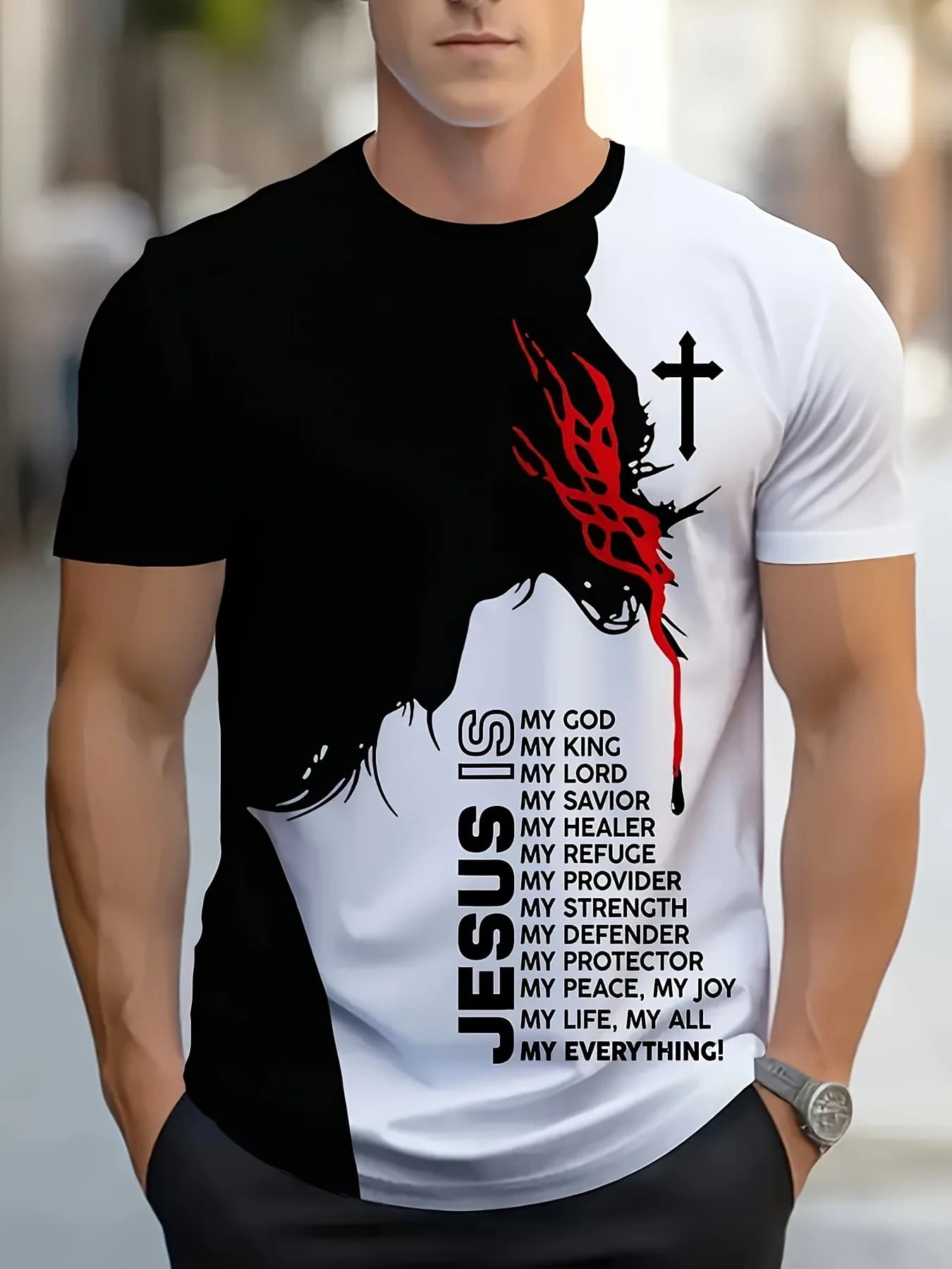 1pc Men'S Casual Polyester T-Shirt with 3D Jesus Graphic Print,Crew Neck,Short Sleeve,Slight Stretch Knit Fabri