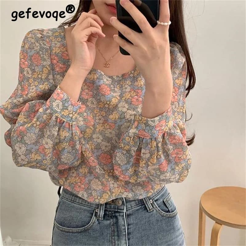 Women Autumn Vintage Fashion Floral Print Blouses Square Neck Long Sleeve Loose Shirts Casual Sweet Chic Tops Blusas Para Mujer