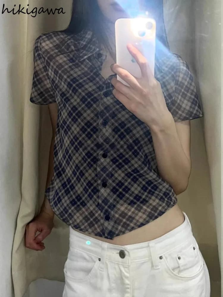Korean Shirt Camisas De Mujer Vintage Short Sleeve Tunic Blouses Chiffon Plaid Shirts Crop Tops See Through Sexy Summer Blouse