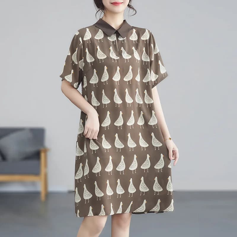 #0106 Summer 2024 Printed Shirt Dress Women Polo Collar Loose Vintage Chiffon Dress Short Sleeve Knee-length Retro A-Line Dress