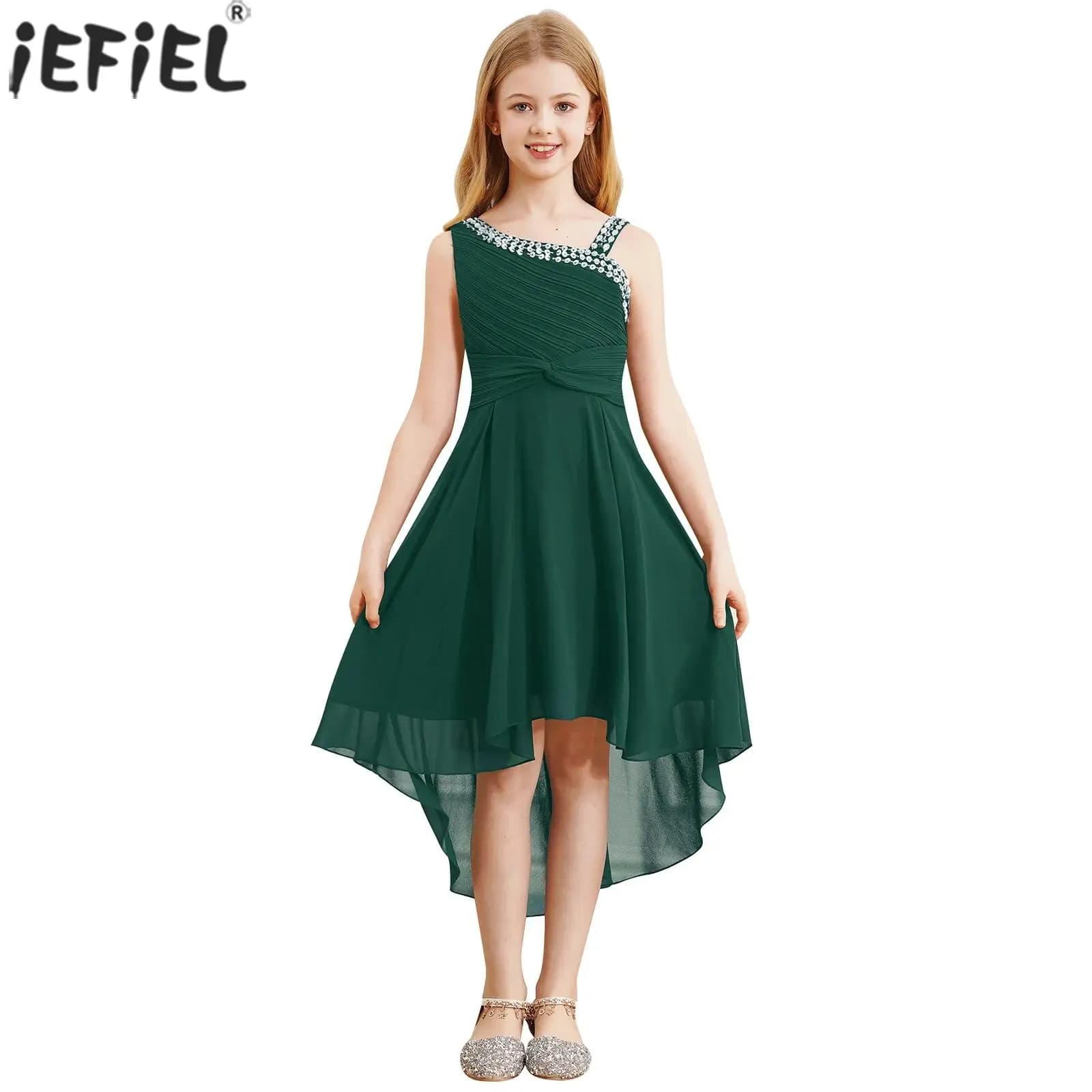 Kids Flower Girls Summer Chiffon Princess Dress Sequins Sleeveless Ruched Twisted Knot High-Low Hem Dresses Wedding Party Gowns