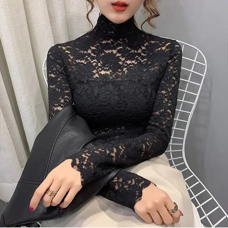 Lace Underlay Shirt for Women Four Seasons Versatile High Collar Small Shirt for Women Top  Long Sleeve T-shirt vest
