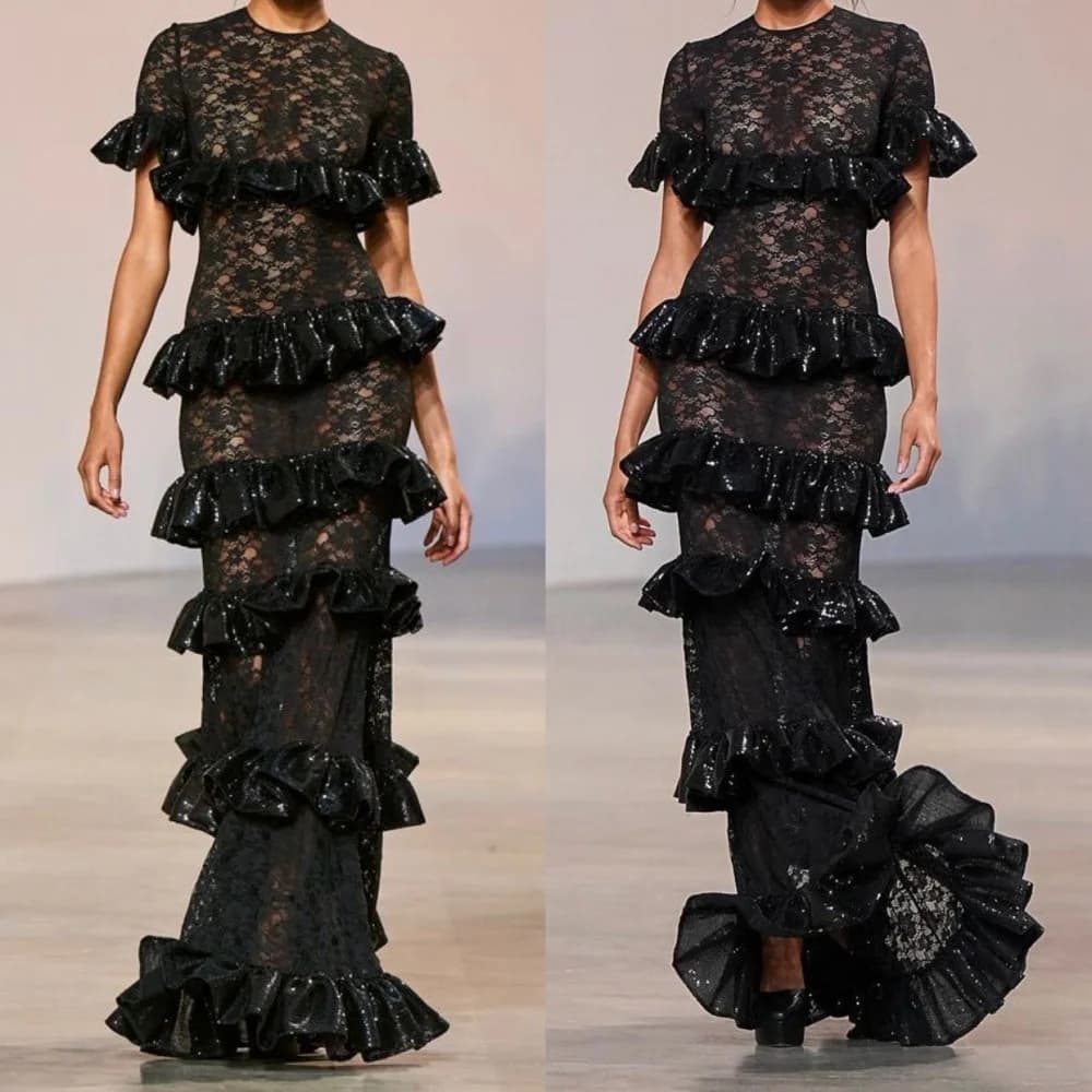 Customized Fashion Jewel Sheath Evening Dresses Paillette / Sequins Layered Lace Formal Occasion Gown платье вечернее блестящее 