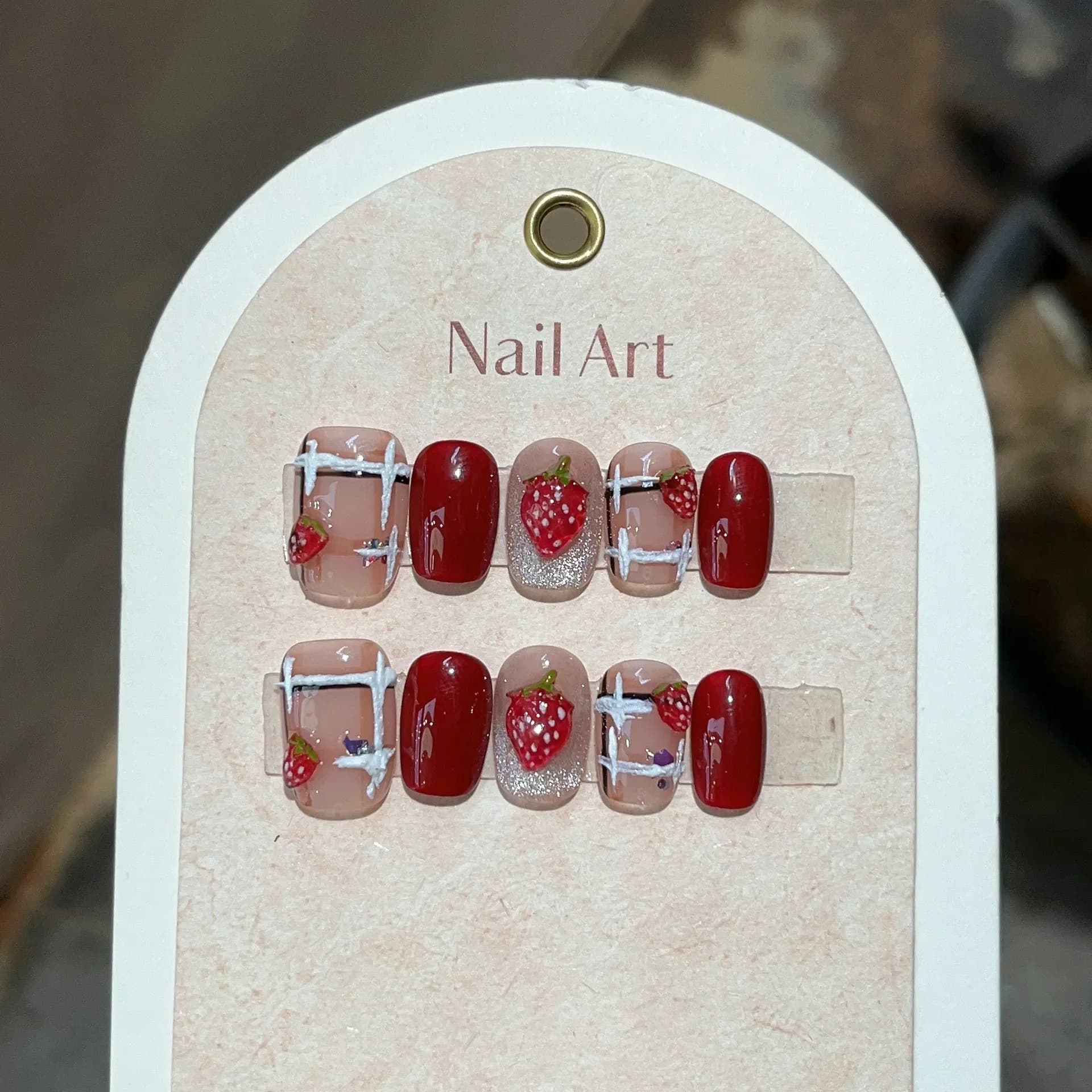 10Pcs Handmade Fake Nails Hand-painted Strawberry Press on Nails Design Autumn and Winter French Ballerina Wearable Manicure Art