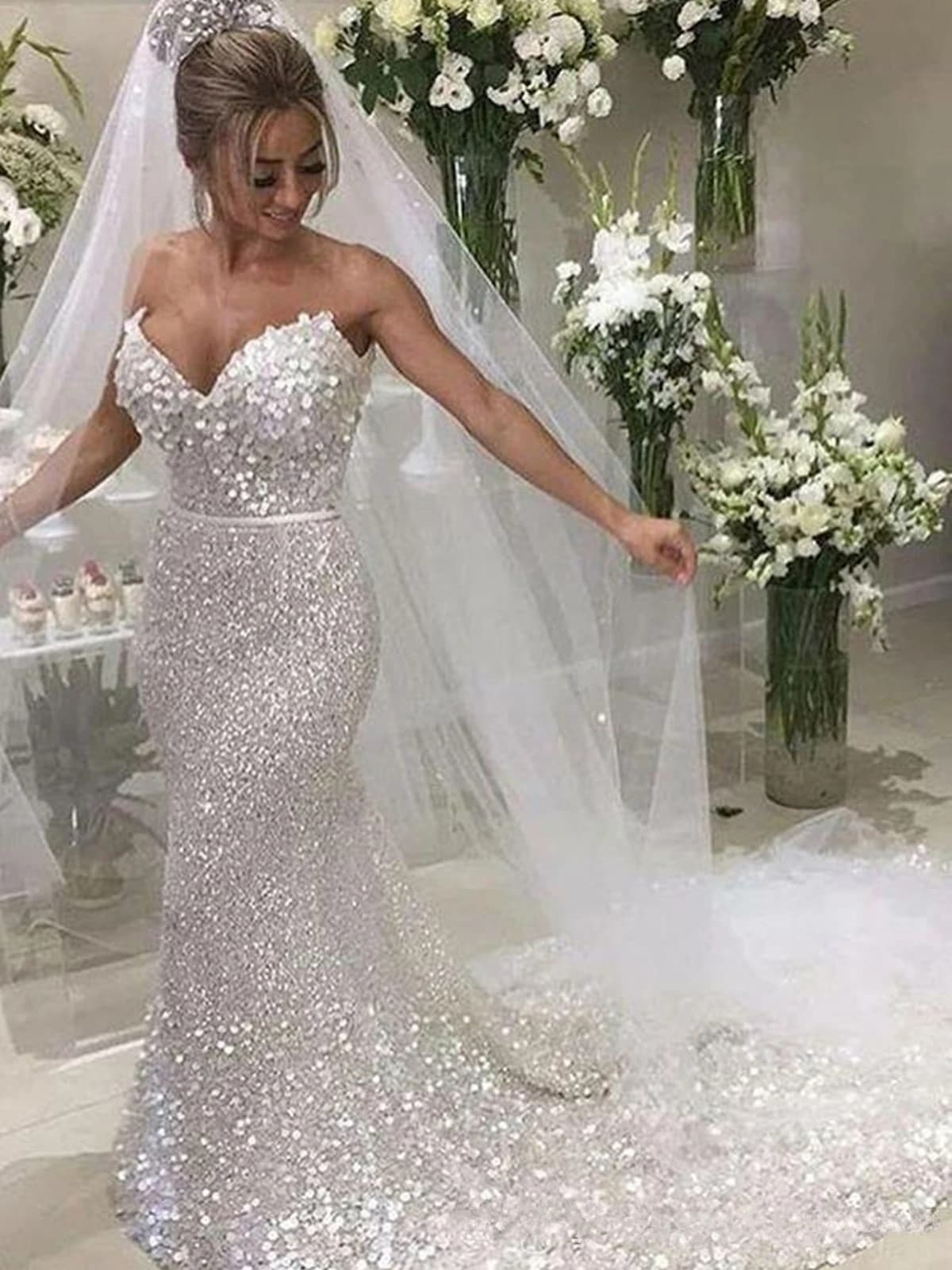 Sparkle White Sequin Strapless Sexy Mermaid Wedding Dresses 2023 Luxury Plus Size illusion Wedding Dress Bridal Gowns Vestidos