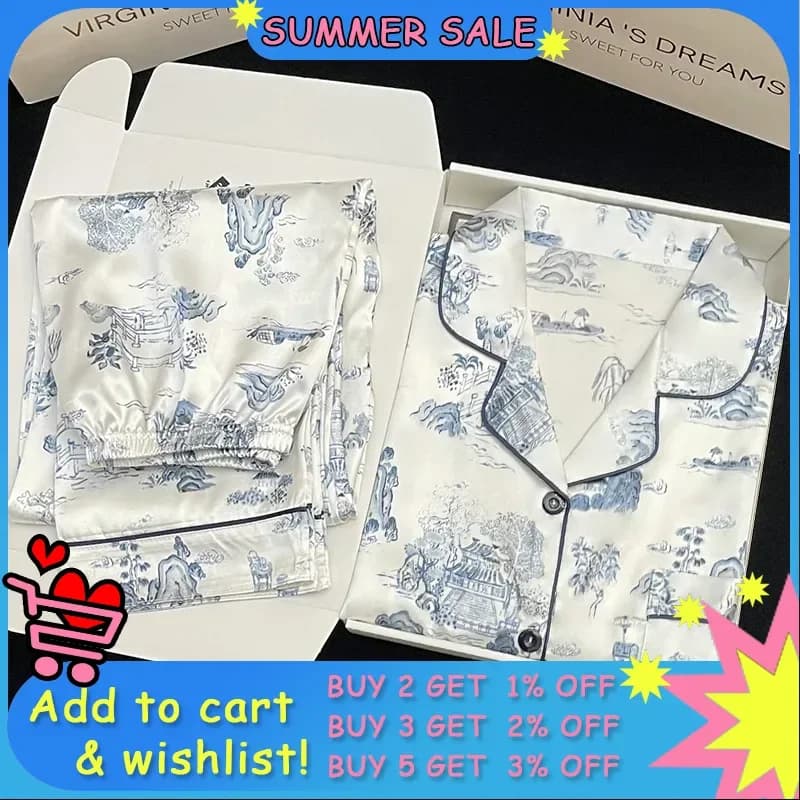 New Ink Pattern Summer Ladies Loose and Comfortable Long-sleeved Trousers Silk High-grade Pajamas Chinese Style Painting Pajamas