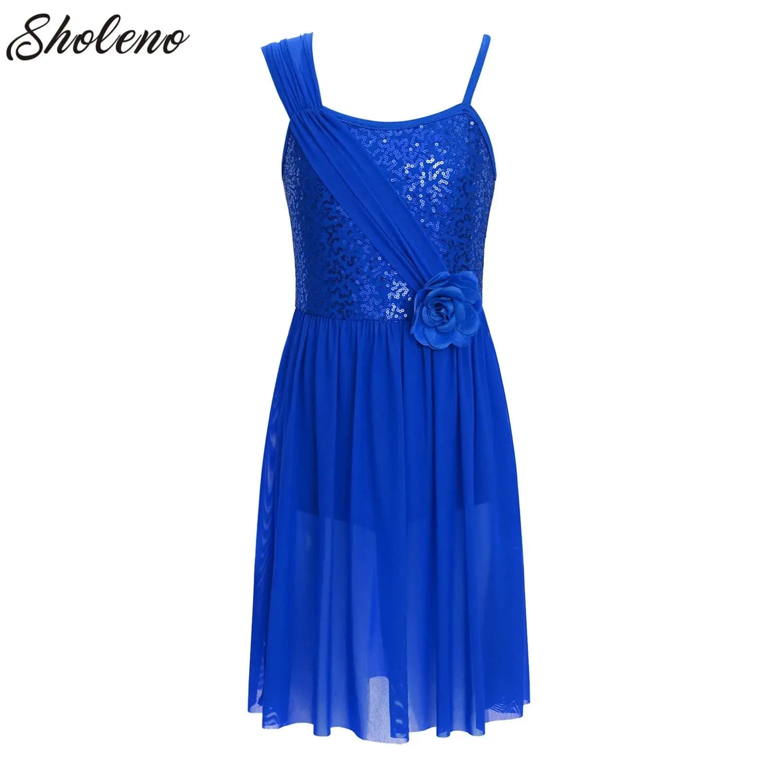 Girls Ballet Leotard Tutu Dress Sleeveless Sequins Flower Lyrical Dancewear Figure Skating Gymnastics Stage Performance Costume