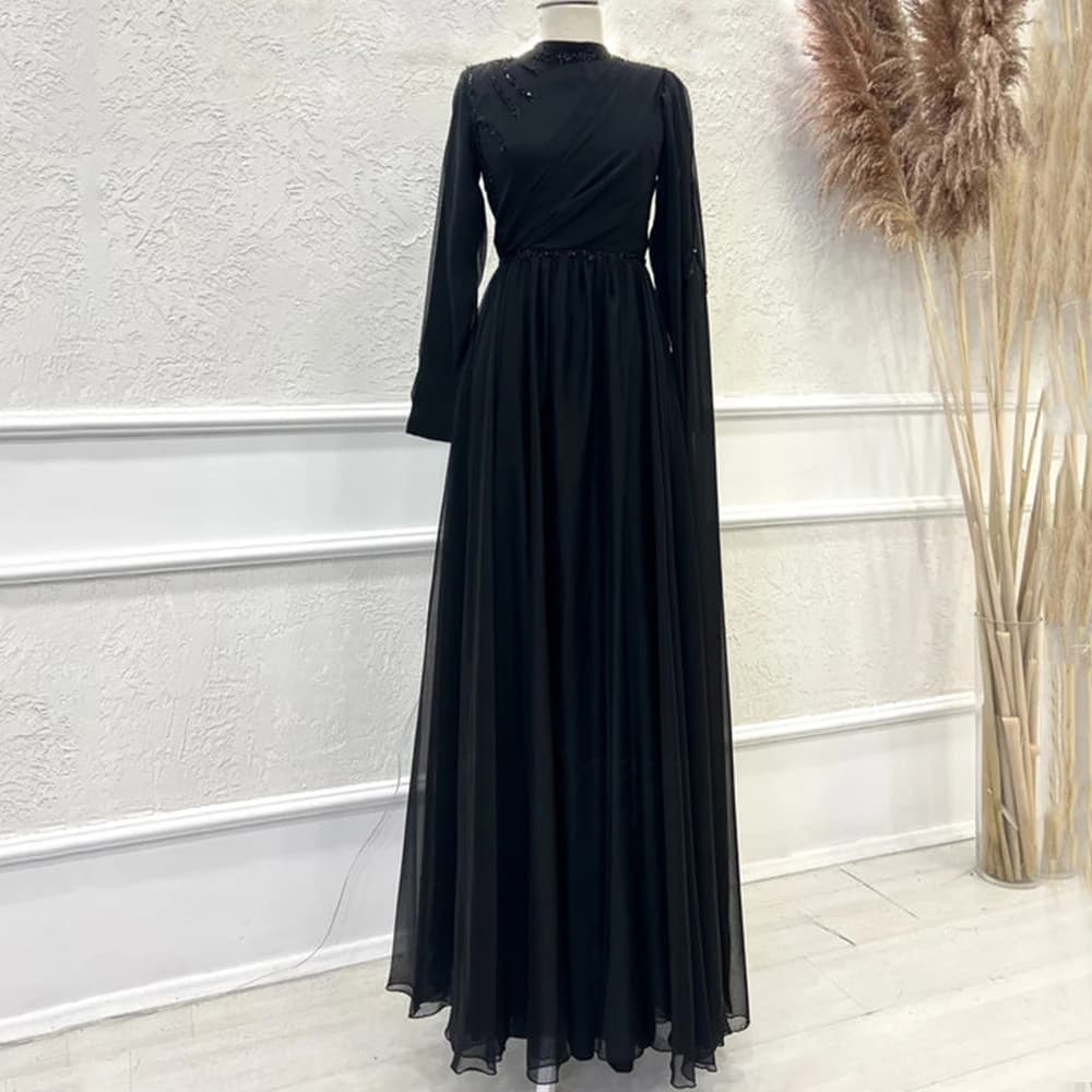 Classic Chiffon High Neck Evening Dress with Pleat and Beading A-Line Floor Length Long Sleeves Custom Made Gown for Women Party