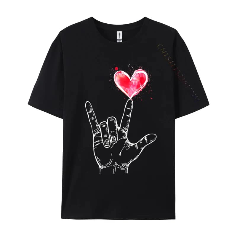 I Love You Hand Sign Casual Camisa T Shirts Tops Shirts Loose Cotton Slim Fit Tee-Shirt Normal Men Tees