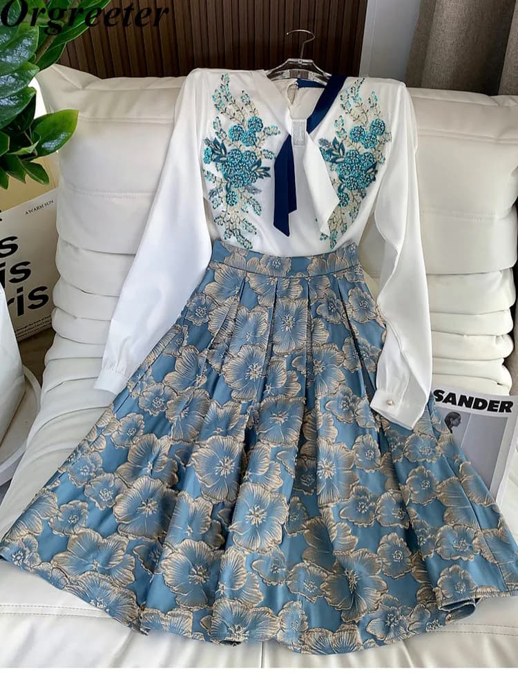 Elegant Jacquard Skirt Suits Female Exquisite Beaded Flower Appliques Shirt +Pleated Ball Gown Skirt Two Piece Sets Women