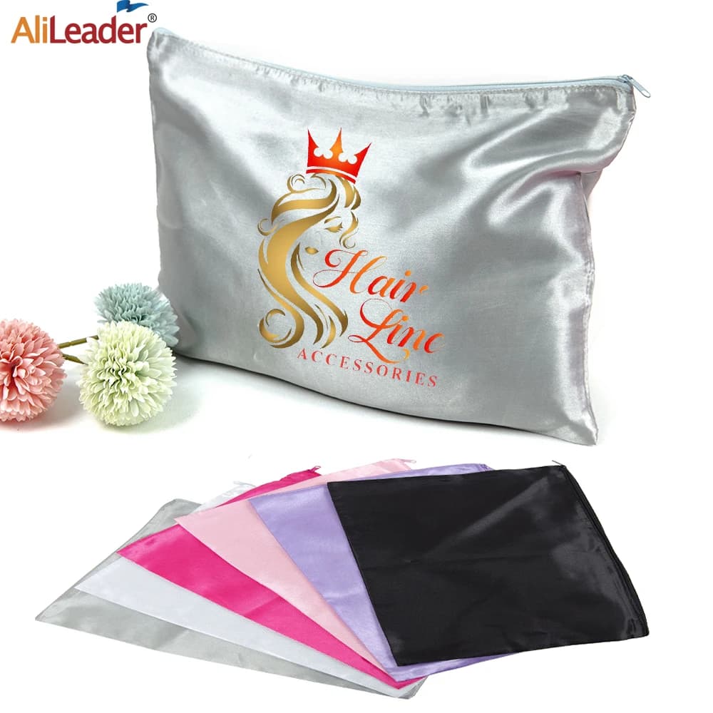 New Satin Wig Bag With Zipper Black Grey White Hair Extensions Bag For Storage Hairpieces Travel Home Silk Pouch Printed Logo