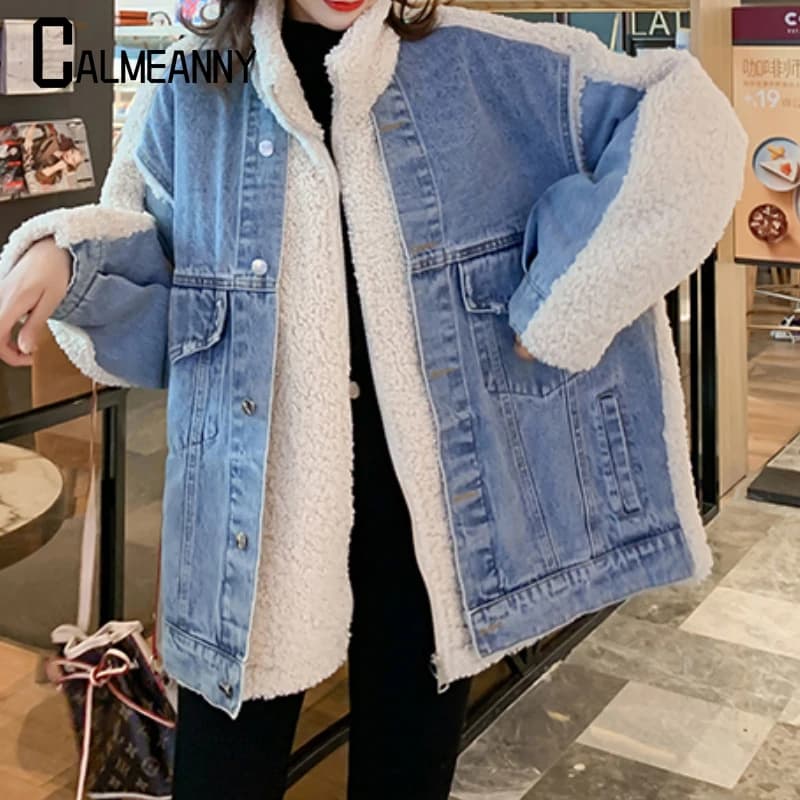 2024 Winter Coats Denim Jackets Women's Clothing Casual Loose Versatile Korean Stitching Lamb Wool Cotton Jackets Outerwear