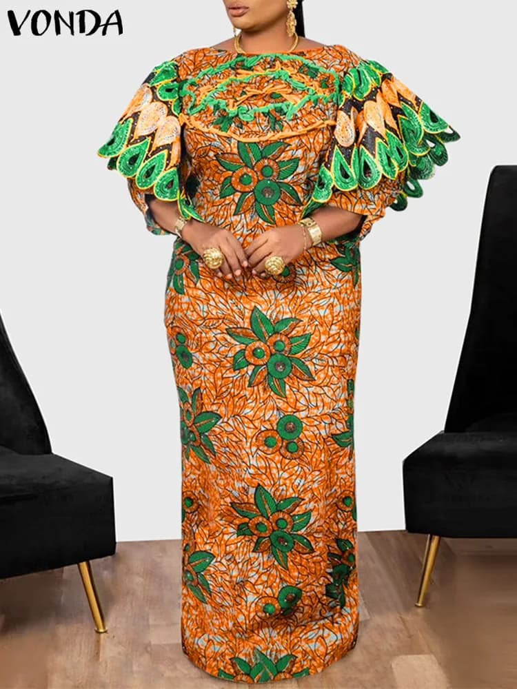 VONDA Summer Maxi Dress 2024 Women Vintage Fare Sleeve Printed Elegant Evening Party Dress Bohemian Long Sundress Robe Femme