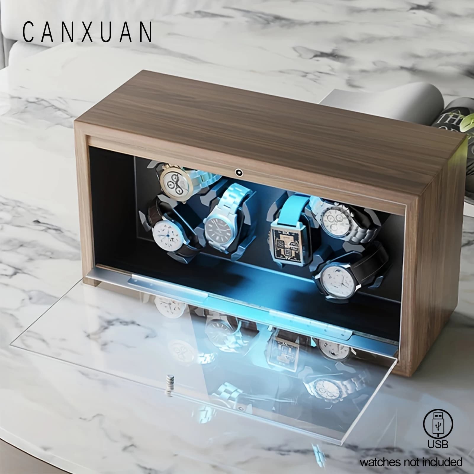 Automatic Watch Winder 6 Slots Walnut Grain Inner PU leather Quiet Motor 5 Modes Usb Cable Watch Winders With Led Light Gifts
