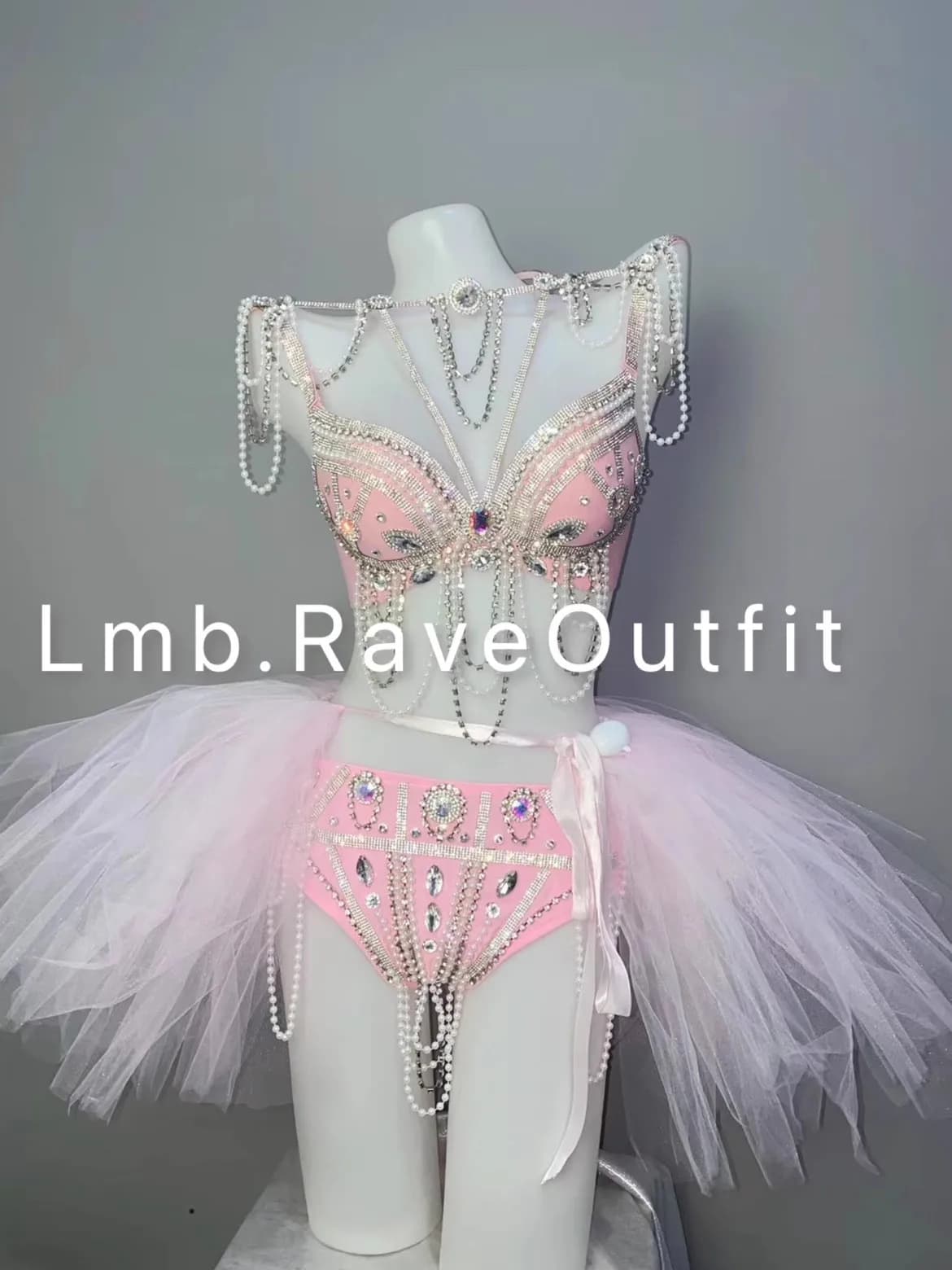 Pink Diamond Pearl Tassel Bikini Set+Tutu Skirt Electric Syllable Nightclub Bar Sexy Singer DJ Dance Stage Party Rave Costume