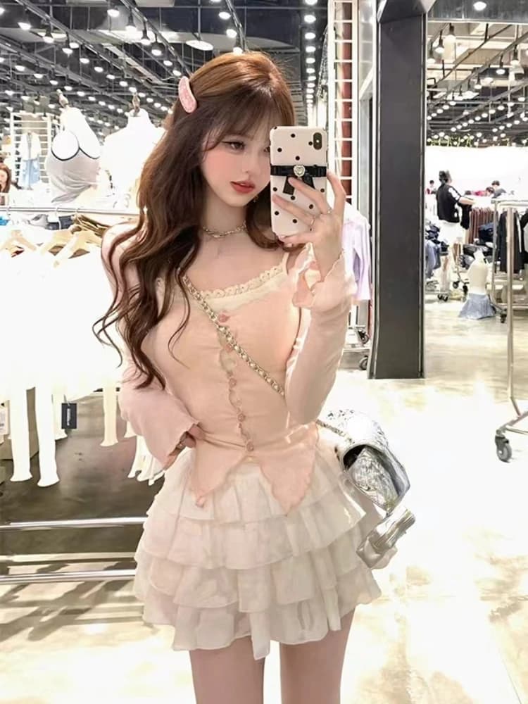 2024 Japanese Style Kawaii 3 Piece Set Women Casual Y2k Crop Top  Pink Thin Cardigan Sweet Mini Cake Skirt Cute Fashion Suits