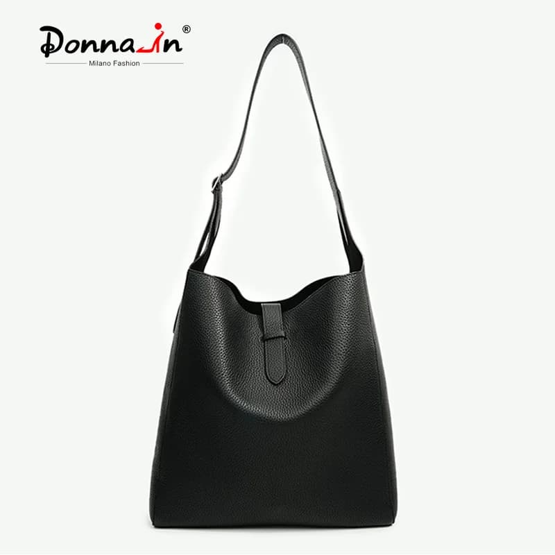 Donna-in Full Grained Calfskin Hobo Shoulder Bag First Layer Cow Leather Tote Handbag Genuine Large Capacity Fashion