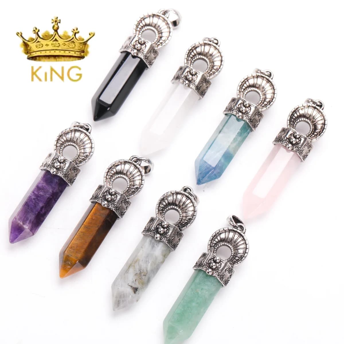 Vintage Silver Alloy Metal Point Shape Charms Natural Amethyst Shinny Stone Bead Crystal Pendants for Necklace