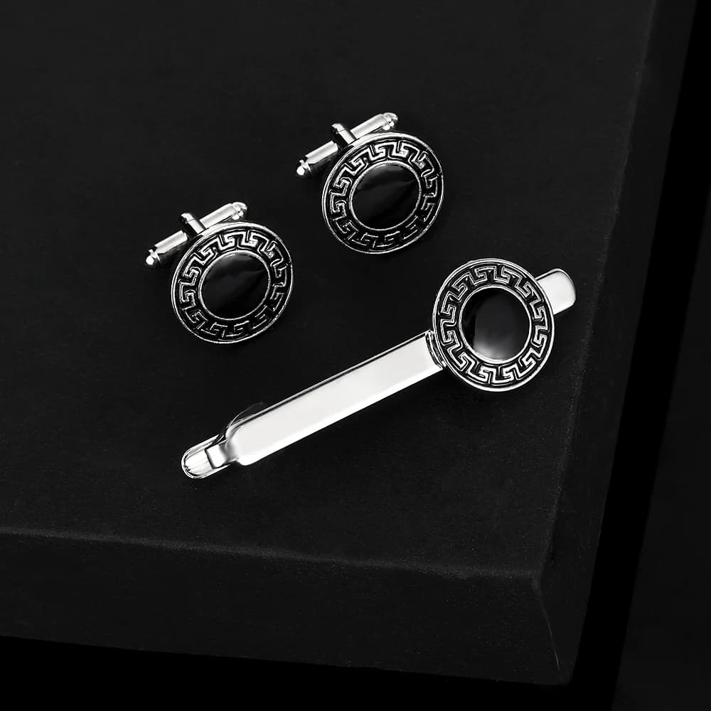 Vintage Black Great Wall Grain Round Cufflinks&Tie Clip Set Darkness Jewelry For Men Boys Shirt Suit