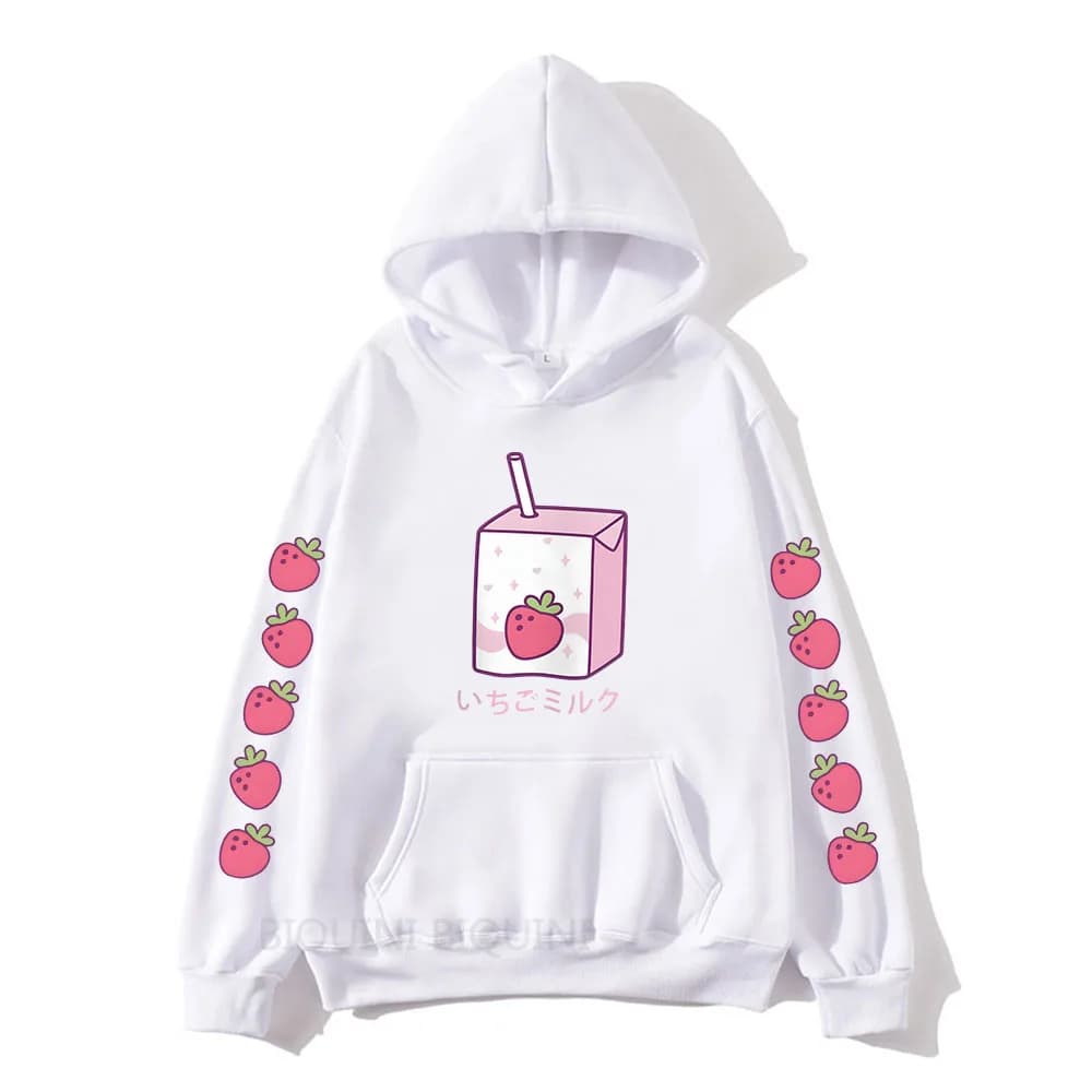 Strawberry Milk Cartoon Printing Hoodies Long Sleeve Hooded Sweatshirts Kawaii Clothing for Girls Moletom Feminino Winter Women